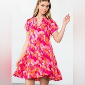 THML Pink and Orange Abstract Midi Dress